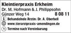 Anzeige Kleintierpraxis Erkheim Hofmann M. Dr. + Philippsohn J.