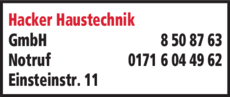 Anzeige Hacker Haustechnik GmbH