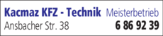 Anzeige Kacmaz KFZ - Technik Meisterbetrieb