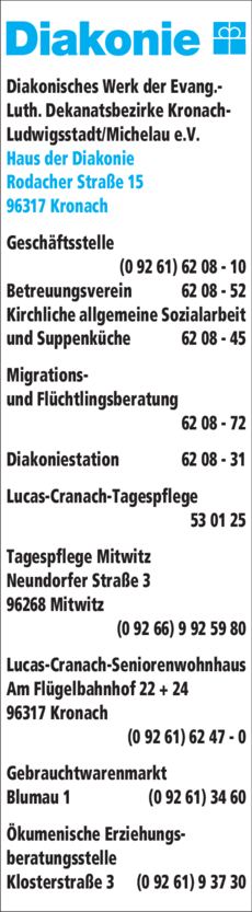 Anzeige Diakonisches Werk Kronach-Ludwigstadt/Michelau e.V.