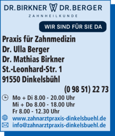 Anzeige Zahnarztpraxis Dr. Mathias Birkner/Dr. Ulla Berger
