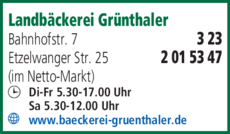 Anzeige Grünthaler, Landbäckerei