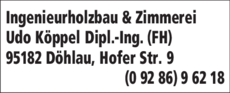 Anzeige Zimmerei Köppel Udo Dipl.-Ing. (FH)