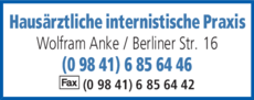 Anzeige Hausärztliche internistische Praxis, Wolfram Anke