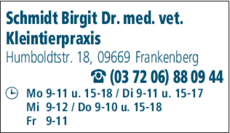 Anzeige Schmidt Birgit Dr. med. vet. Tierarztpraxis